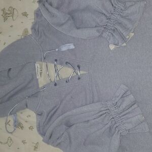 Gray Lace-Up Hoodie with Puff Sleeves